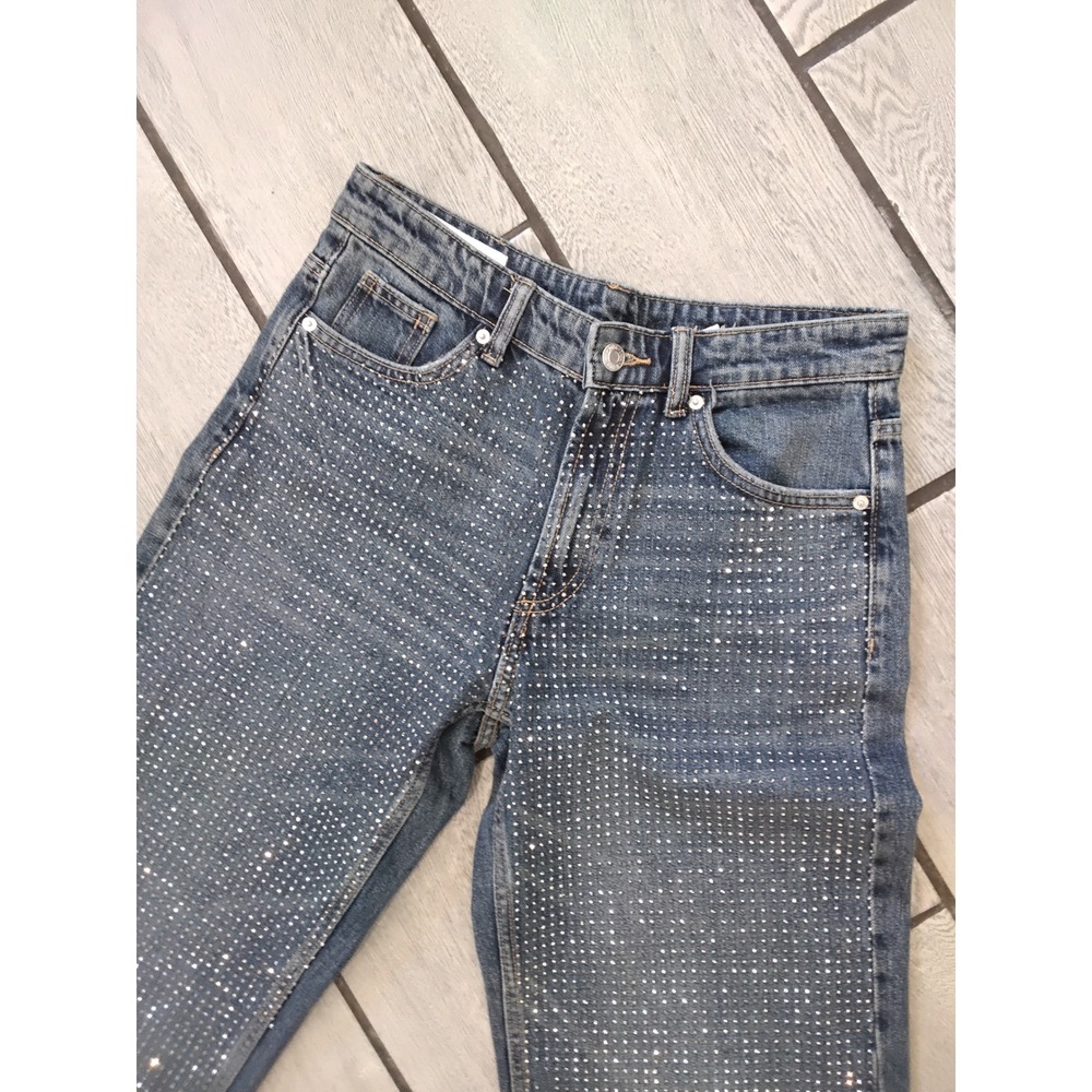 Zara Rhinestone Embellished Wide Leg Jeans Blue Denim High Rise Size 2 8197/217 - Picture 2 of 7